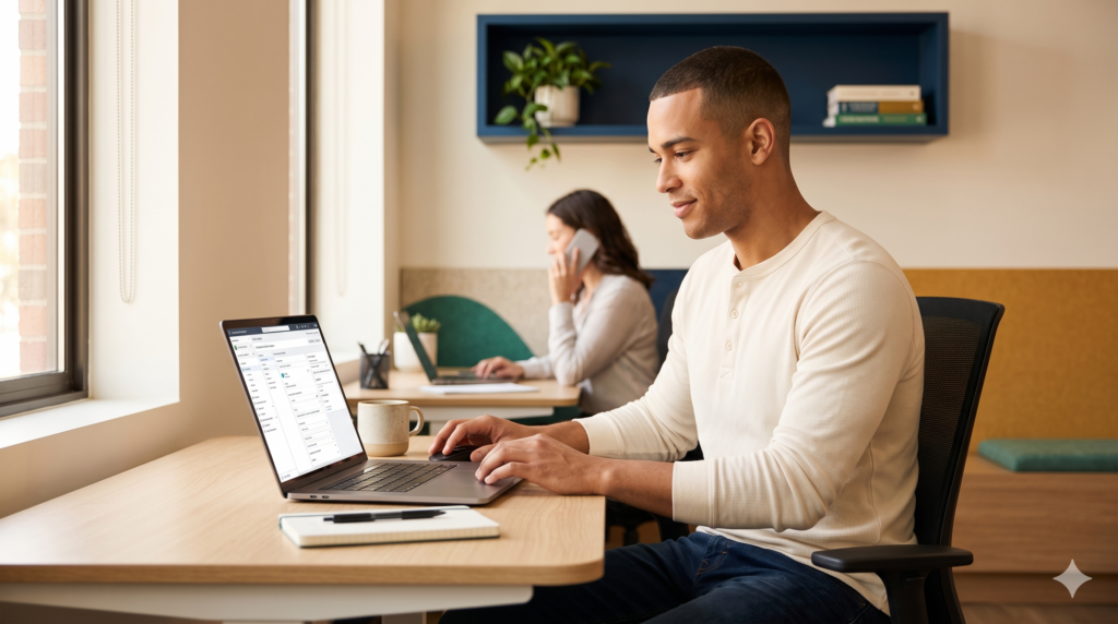 Agency professional learning to set up a Meta Business Manager on a laptop in a calm modern workspace