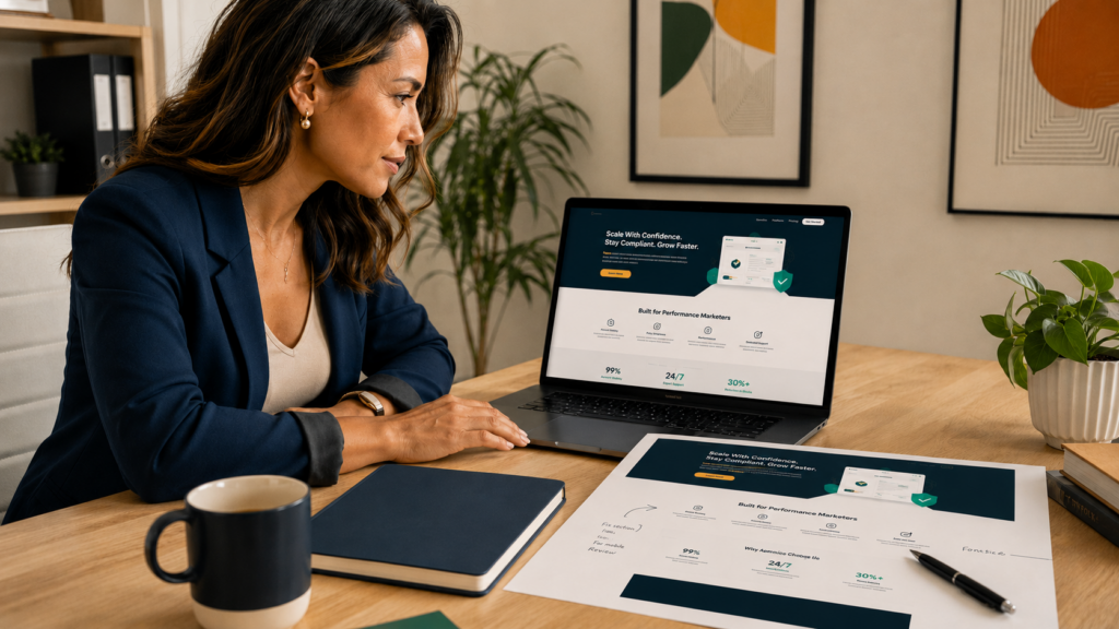Performance marketer reviewing a landing page against Meta and Google policy